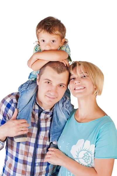 Familia feliz aislada en blanco Imagen de stock