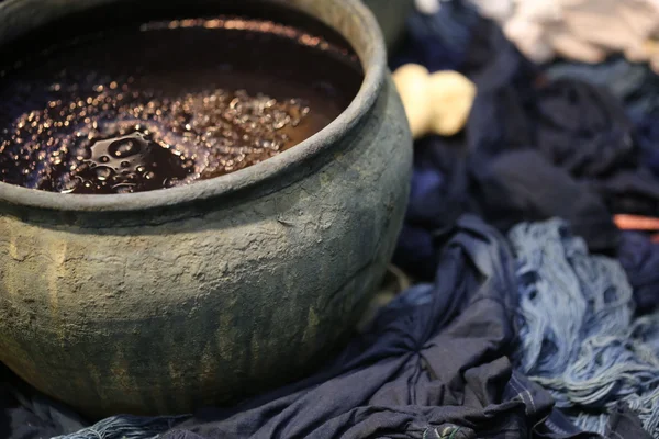 Dyeing Pots Colorful Yarns Dyed Blue Fabric Chiang Mai Thailand — Stock Photo, Image