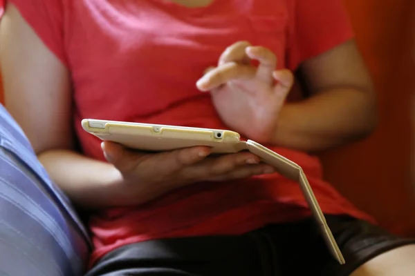 Asian Woman Hand Use Tablet Sofa — Stock Photo, Image