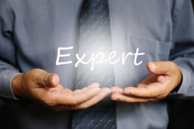 Expert word on hand, businessman