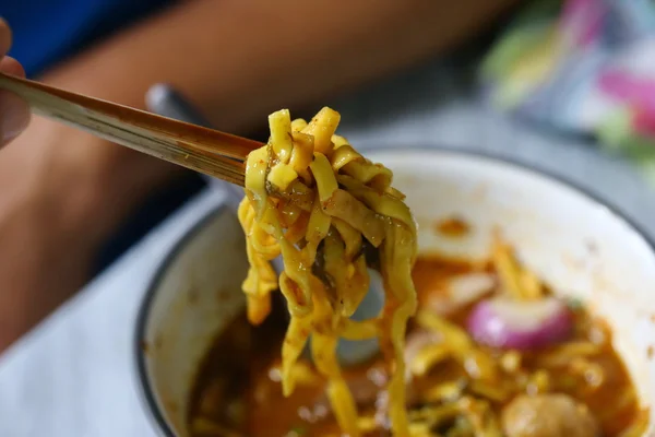 Chopstick Keep Spicy Yellow Noodle Northern Thai Food — Stock Photo, Image