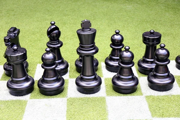 Σκακιέρα Και Σκάκι Κομμάτια Στο Γρασίδι Στον Κήπο — Φωτογραφία Αρχείου