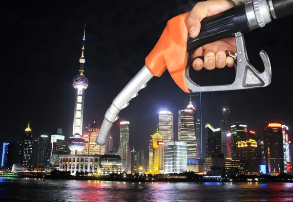 Oil Pump Nozzle Night City View Shanghai China — Stock Photo, Image
