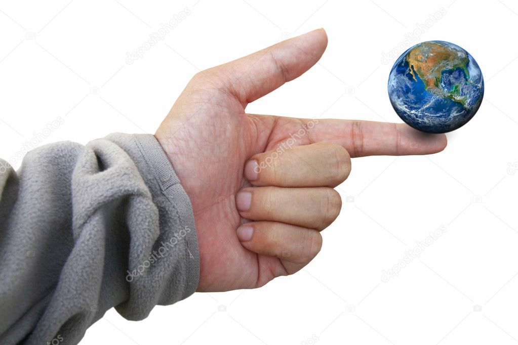 the earth on finger, including elements furnished by NASA.