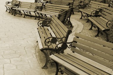 Parkta bir sürü tahta bank var.