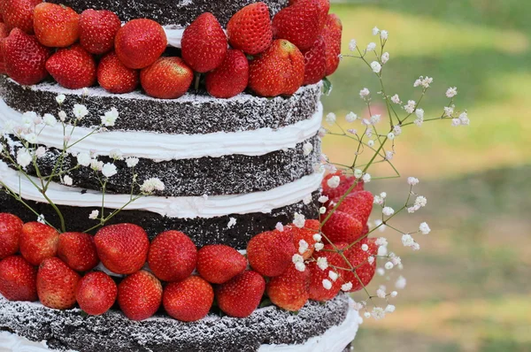 Erdbeere Auf Schokoladenkuchen Freien Hochzeitstorte — Stockfoto