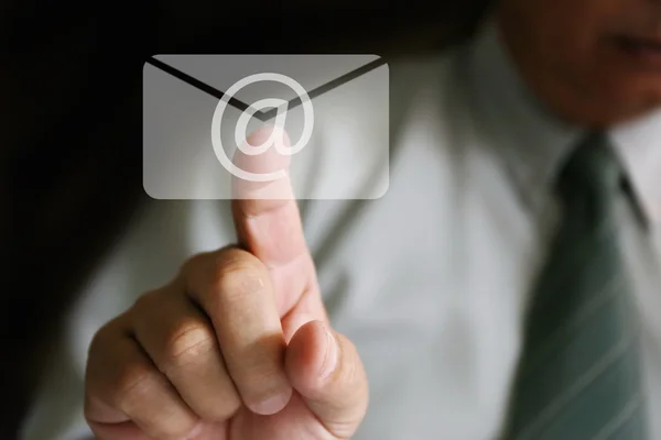 Businessman finger clicking botton background — Stock Photo, Image