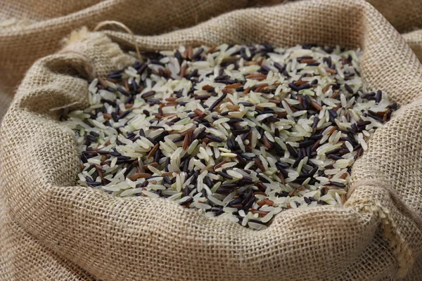 Close up organic rice in sack bag — Stock Photo, Image