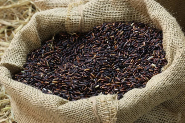 Close up organic rice in sack bag — Stock Photo, Image