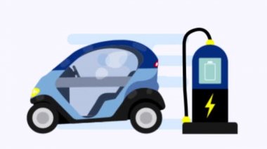 Şarj istasyonunda elektrikli araba animasyonu. Beyaz arkaplanda izole.