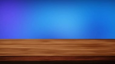 Koyu mavi ve siyah-yeşil arka planın önündeki boş ahşap masa. Işık ve sızıntı etkisi. HD görüntüler