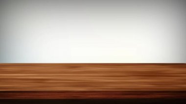 Gri arkaplanın önündeki boş tahta masa. Işık ve sızıntı etkisi. HD görüntüler