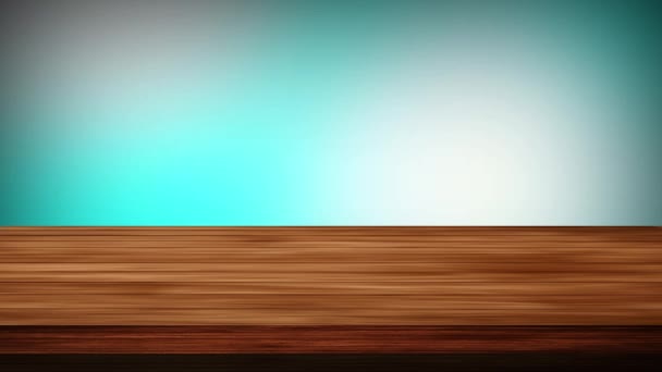 Empty Wooden Board Table Front Sky Blue Blackish Green Background — Stock Video