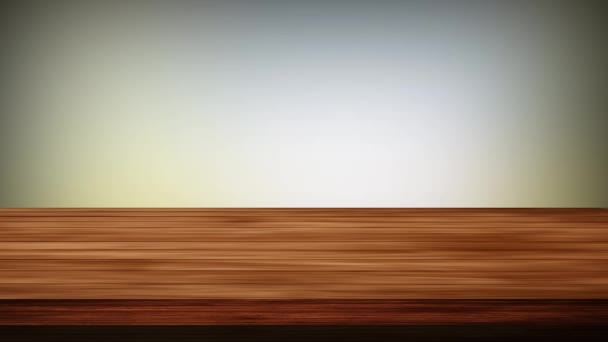 Пустой Деревянный Стол Светло Желтом Черно Сером Фоне Эффект Свечения — стоковое видео