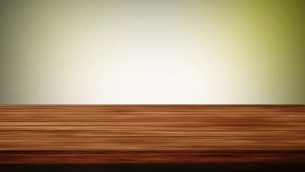 Pusty Drewniany Stół Przed Jasnoszarym Jasnozielonym Tłem Efekt Świetlny Wyciek — Wideo stockowe