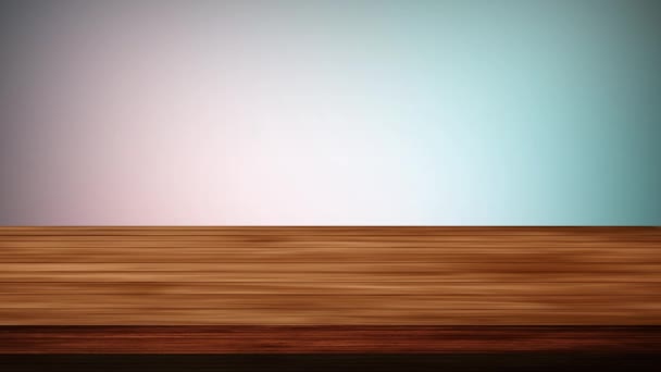 Пустой Деревянный Стол Фоне Голубого Красновато Розового Фона Эффект Свечения — стоковое видео