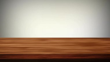 Açık turuncu arkaplanın önündeki boş tahta masa. Işık ve sızıntı etkisi. HD görüntüler