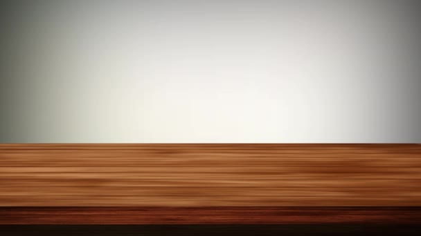 明亮的灰色和浅黄色背景前的空木板桌 光和漏的效果 Hd镜头 — 图库视频影像