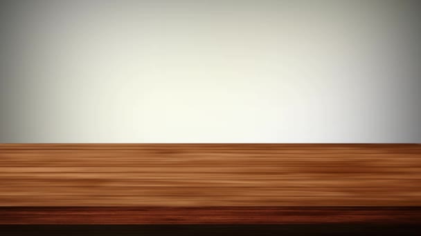 Пустой Деревянный Стол Светлом Оранжевом Фоне Эффект Свечения Утечки Кадры — стоковое видео