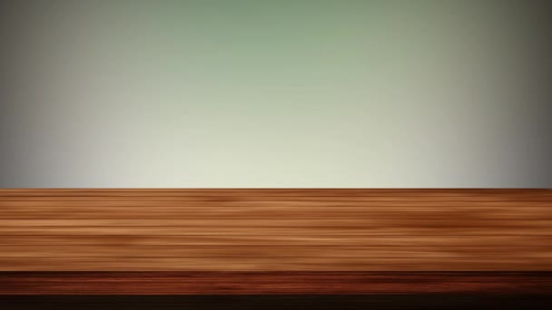 Prázdný Dřevěný Stůl Před Světle Zeleným Světle Šedým Pozadím Lehký — Stock video