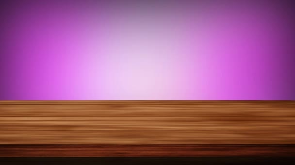 空荡荡的木板桌子前闪烁着深紫色和浅橙色的背景 光和漏的效果 Hd镜头 — 图库视频影像
