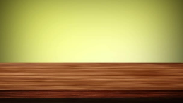 Empty Wooden Board Table Front Greenish Yellow Background Light Leak — Stock Video