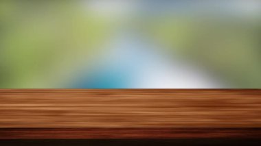 Yeşil ve gökyüzü mavisi arkaplanının önündeki boş tahta masa. Işık ve sızıntı etkisi. HD görüntüler