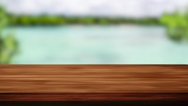 Holztischbalken Und Verschwommener Teich Und Pflanzenhintergrund Licht Und Leck Effekt — Stockvideo