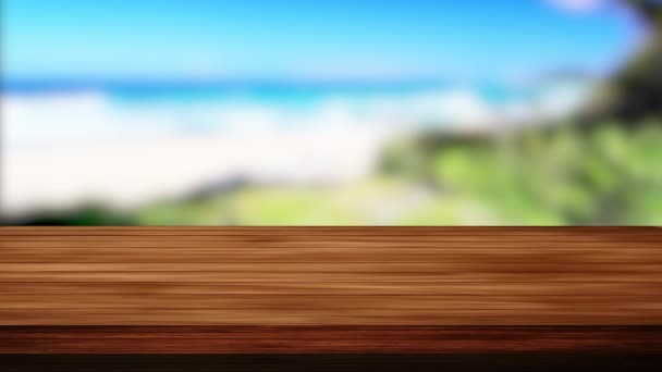 Tavolino Legno Bar Oceano Offuscata Sfondo Alberi Effetto Luce Perdite — Video Stock