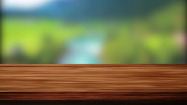 Holztischbalken Und Verschwommener Naturgrüner Waldhintergrund Licht Und Leck Effekt Filmmaterial — Stockvideo