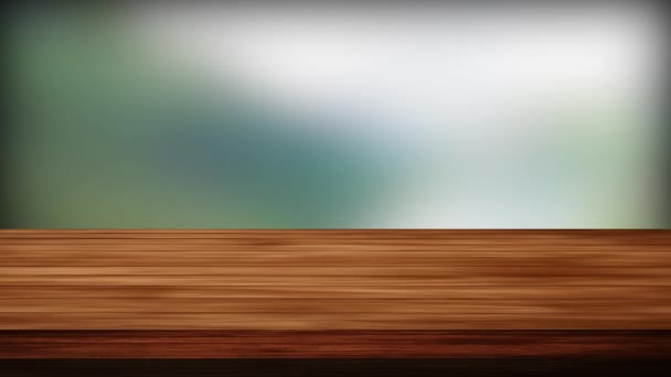 Mesa Madera Vacía Delante Fondo Negruzco Verde Blanco Efecto Luz — Vídeos de Stock