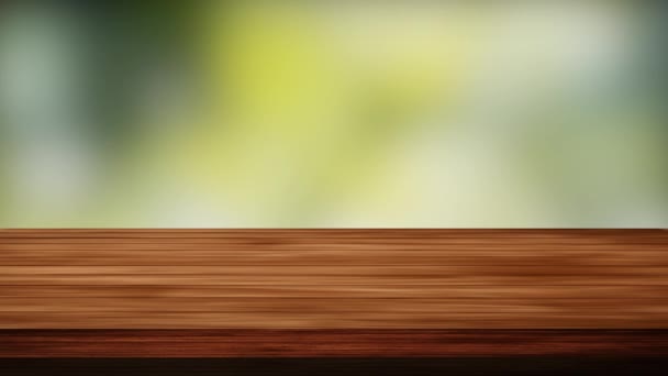 Wood Table Bar Und Nature Tree Bokeh Verschwommenen Hintergrund Licht — Stockvideo