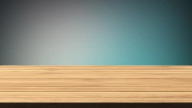 Yeşilimsi mavi ve açık kahverengi arkaplanın önündeki boş tahta masa. Işık ve sızıntı etkisi. HD görüntüler