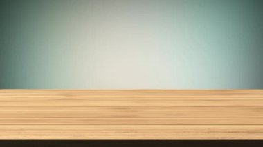 Açık yeşil ve açık turuncu arkaplanın önündeki boş tahta masa. Işık ve sızıntı etkisi. HD görüntüler