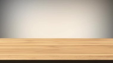 Siyah-kestane rengi ve gri arkaplanın önündeki boş tahta masa. Işık ve sızıntı etkisi. HD görüntüler