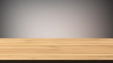 Parıldayan siyah-gri ve açık gri arkaplanın önündeki boş tahta masa. Işık ve sızıntı etkisi. HD görüntüler