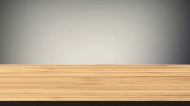 Gri ve lacivert arkaplanın önündeki boş tahta masa. Işık ve sızıntı etkisi. HD görüntüler