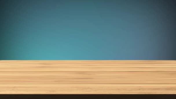 Empty Wooden Board Table Front Flickering Greenish Blue Black Background — Stock Video