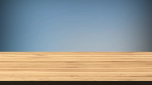 灰色蓝色背景前的空木桌 光和漏的效果 Hd镜头 — 图库视频影像