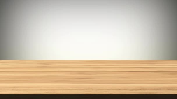灰色和黄绿色背景前的空木板桌子 光和漏的效果 Hd镜头 — 图库视频影像