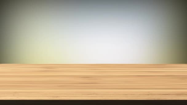明亮的绿色和浅粉色背景前的空木板桌 光和漏的效果 Hd镜头 — 图库视频影像