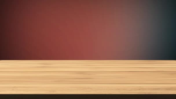 Пустой Деревянный Стол Перед Мерцающим Бордовым Черным Фоном Эффект Свечения — стоковое видео