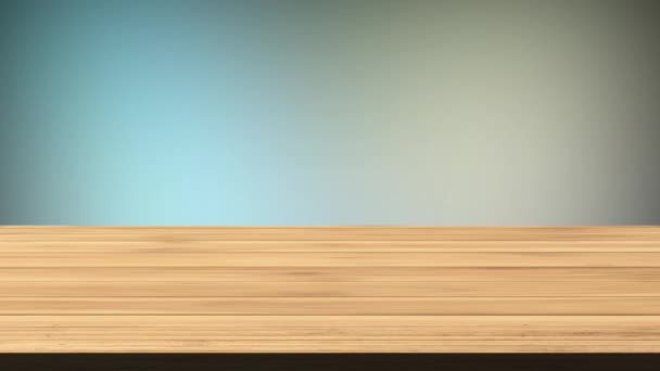 蓝色和浅绿色背景前的空木桌 光和漏的效果 Hd镜头 — 图库视频影像