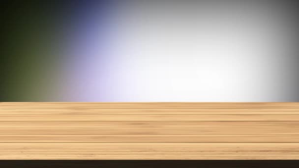 空荡荡的木板桌前闪烁着深绿色 紫色和绿色的背景 光和漏的效果 Hd镜头 — 图库视频影像