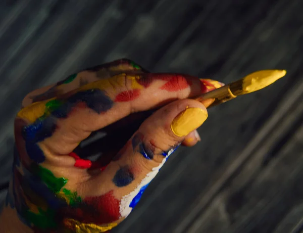 Woman Hand Which Smeared Gouache Holds Brushes Her Fingers — Stock Fotó