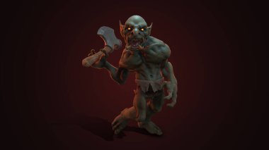 Fantezi karakteri Troll Berserker destansı bir pozda - karanlık arka planda 3D canlandırma