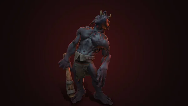 판타지 캐릭터 Troll Berserker Epic Pose Render Dark Background — 스톡 사진