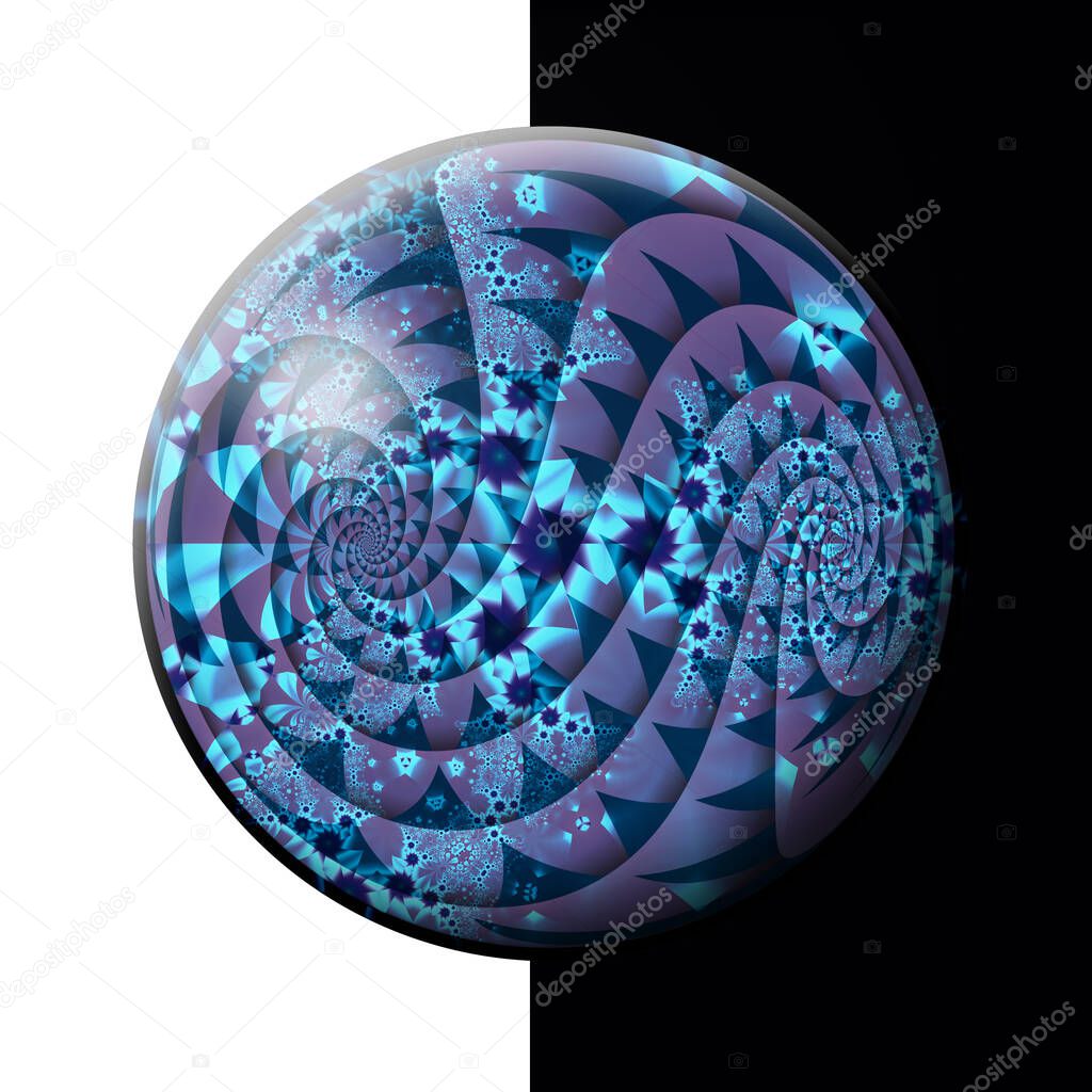 3D rendering of glossy button with colorful fractal pattern and texture embellishment