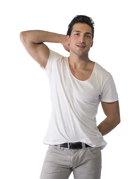 Brown eyed, black haired latin man standing on white background — Stock Photo, Image