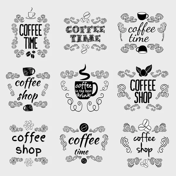 Set of coffee shop sketches and text labels — Stock Vector